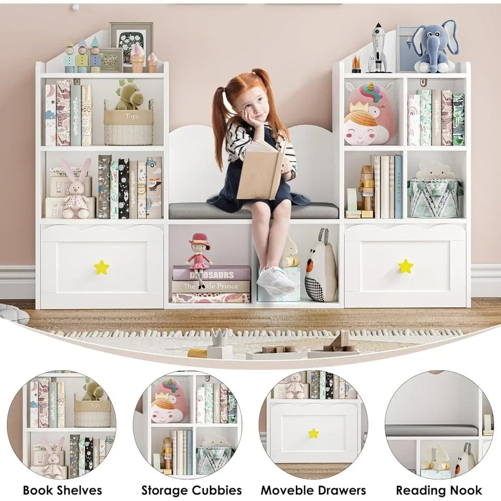Kids Bookcase with Seat & Storage – 2 Drawers, 8 Cubbie!