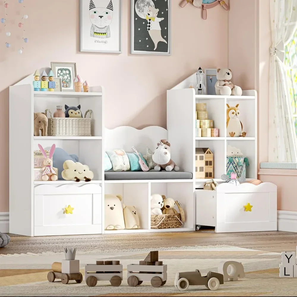 Kids Bookcase with Seat & Storage – 2 Drawers, 8 Cubbie!