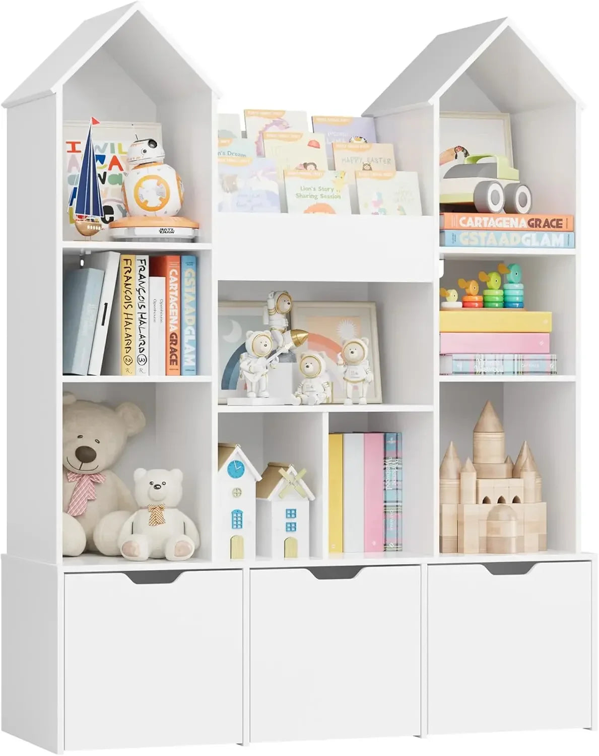 Kids Toy Organizer with Castle Roof | Bookshelf Dollhouse, 3 Drawers & 9 Cubbie