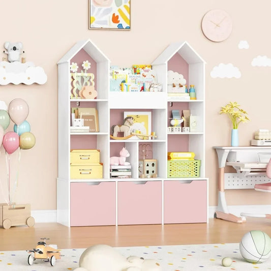 Kids Toy Organizer with Castle Roof | Bookshelf Dollhouse, 3 Drawers & 9 Cubbie