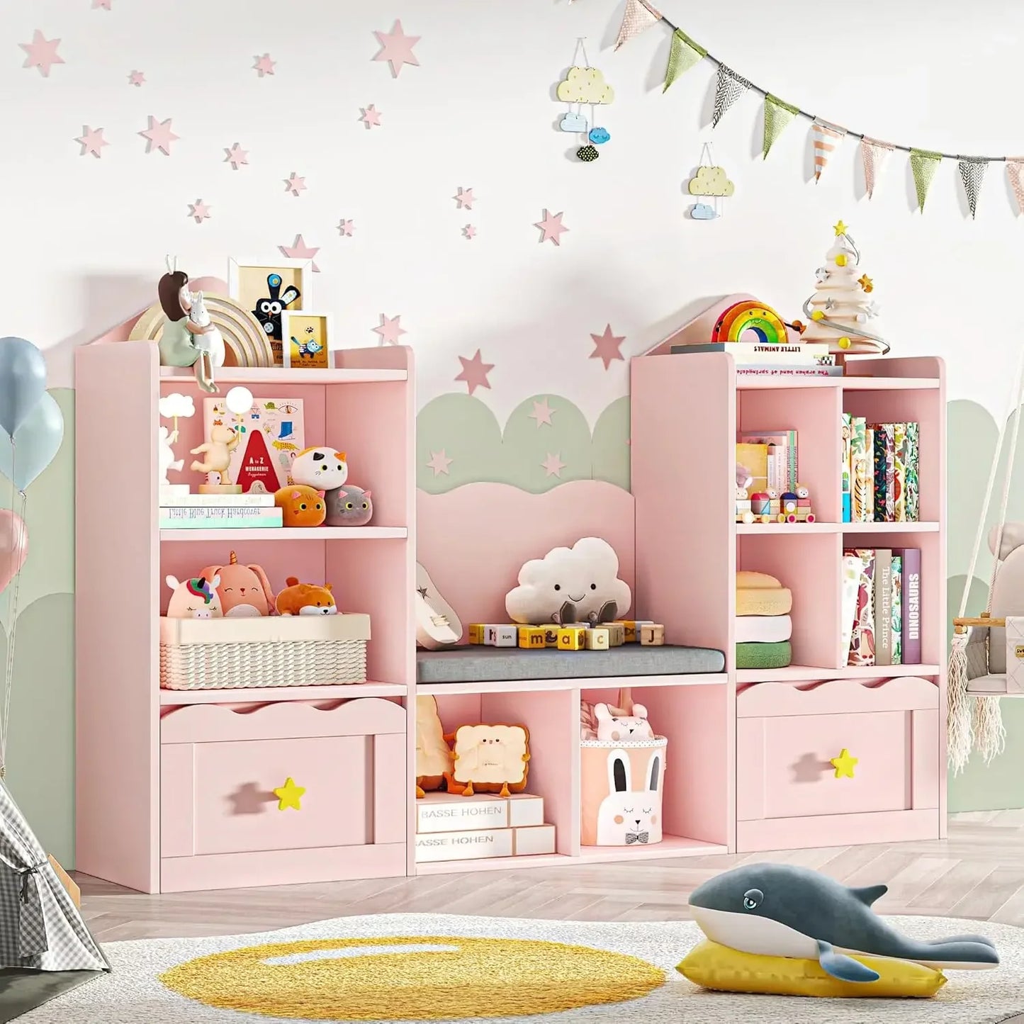 Kids Bookcase with Seat & Storage – 2 Drawers, 8 Cubbie!