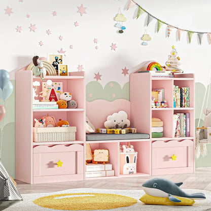 Kids Bookcase with Seat & Storage – 2 Drawers, 8 Cubbie!