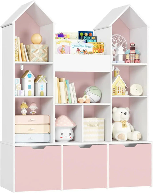 Kids Toy Organizer with Castle Roof | Bookshelf Dollhouse, 3 Drawers & 9 Cubbie