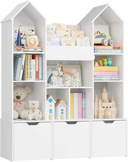 Kids Toy Organizer with Castle Roof | Bookshelf Dollhouse, 3 Drawers & 9 Cubbie