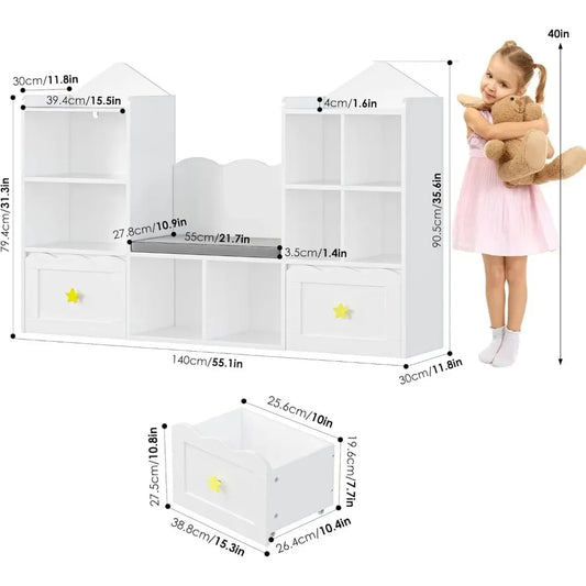 Kids Bookcase with Seat & Storage – 2 Drawers, 8 Cubbie!