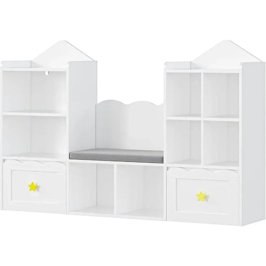 Kids Bookcase with Seat & Storage – 2 Drawers, 8 Cubbie!